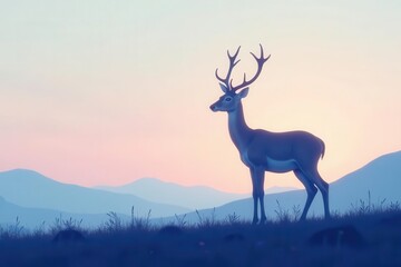 Naklejka premium Majestic Deer Silhouetted Against a Serene Pastel Sunset Over Rolling Hills