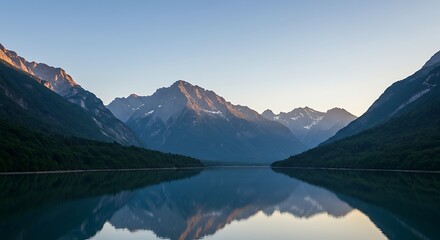 Tranquil mountain range landscape reflected in calm lake water under clear sky