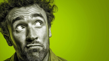 A man with curly hair and a beard expresses seriousness while raising his finger to emphasize a point. He is dressed in a green sweater and posed against a solid green backdrop.