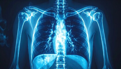 Glowing Blue X-Ray View of Human Torso Skeleton and Rib Cage with Veins Arteries and Joints