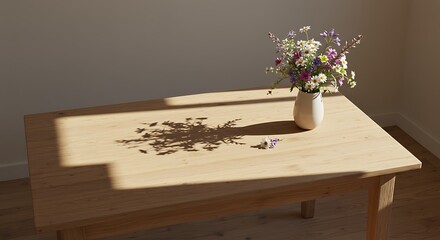 Flower bouquet on wooden table sunlight shadows