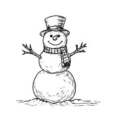 Snowman in a hat with eyes, black and white sketch. Vector illustration. A cheerful snowman in a scarf is smiling, isolated on a white background. Christmas, New Year and Winter theme