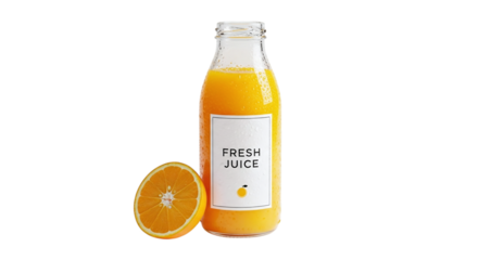 Fresh orange juice in a glass bottle with a slice of orange isolated on transparent background healthy and refreshing drink for a hot summer day