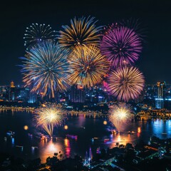 Vibrant Fireworks Display Over a Cityscape at Night with Water Reflection