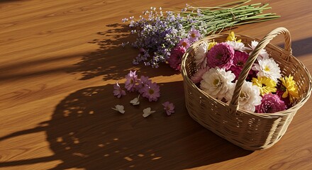 Flowers in basket on wooden floor