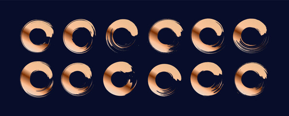 Japanese gold brush enso circles. Round vector thick golden line frame set. Metallic grunge drawn brush stroke collection bg. Luxurious Korean or Chinese design background. Wedding logo frame banner