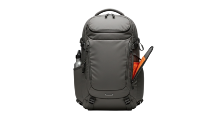 Gray backpack with water bottle and tablet isolated on transparent background modern and stylish backpack for travel, school, or everyday use