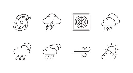 Collection of hand drawn weather icons in a simple silhouette style