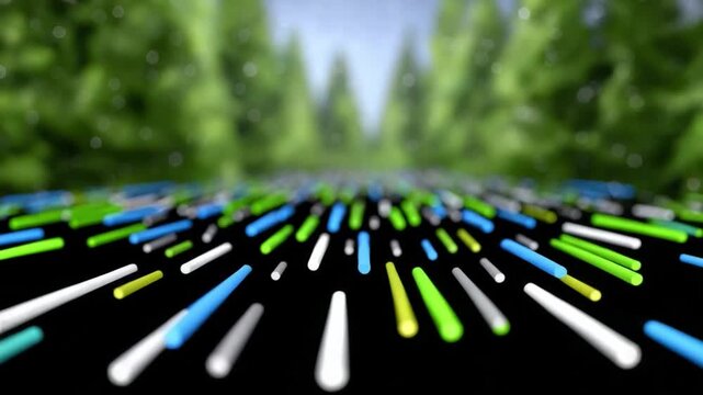 Abstract Road Towards the Lush Forest: A stylized view of colorful lines forming a road that extends towards a blurred background, suggestive of an immersive experience and connection with nature. 