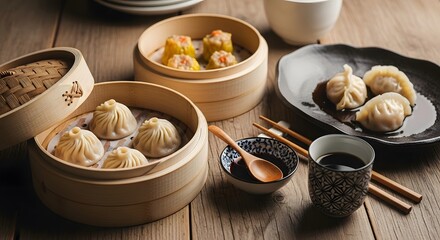 Savor delicious dim sum dumplings, a taste of authentic Asian cuisine served steaming hot in bamboo baskets - perfect for food bloggers and restaurant ads