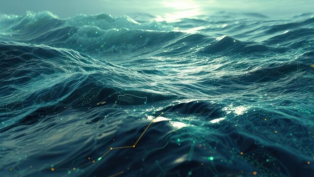 Dynamic ocean waves merge with glowing futuristic digital network, symbolizing global connectivity and data flow through vast blue seas.