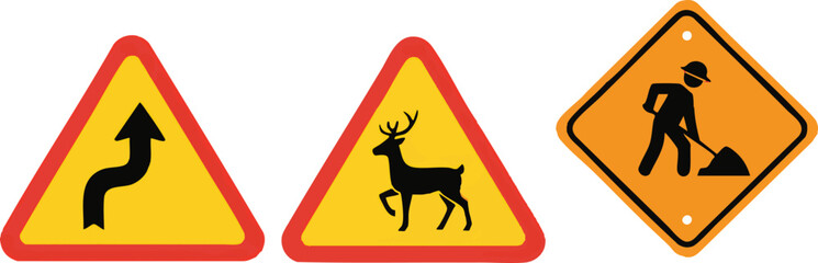 Road signs warn drivers about winding road, deer crossing, and road work ahead, promoting safety and awareness on the road.