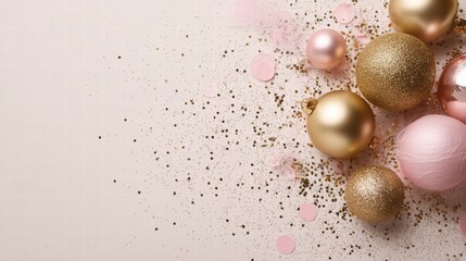 gold Christmas ornaments and confetti