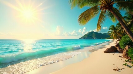 Fototapeta premium Serene Tropical Beach Scene at Sunrise with Gentle Waves Rolling Ashore, Palm Trees Swaying in the Warm Breeze, and Rocks Dotting the Pristine Shoreline
