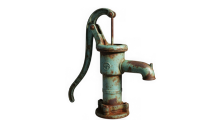 Antique manual water pump with green finish and rustic details isolated on transparent background