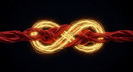 Dynamic Light Trails Form Fiery Infinity Symbol on Woven Red Ropes in Dark Background, Representing Eternal Connection, Endless Possibilities, Energy Flow, and Boundless Love