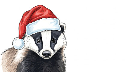 Badger wearing Santa hat with a festive expression on white background  