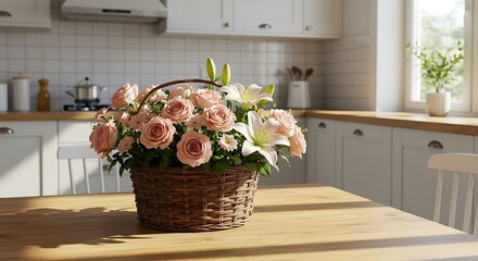 Pink flowers in basket kitchen