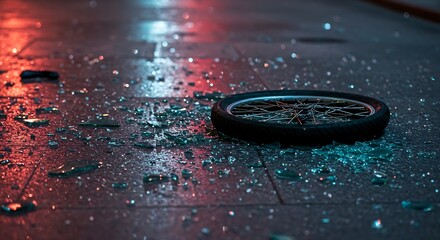 Shattered glass and bicycle tire on sidewalk, accident aftermath, generative ai