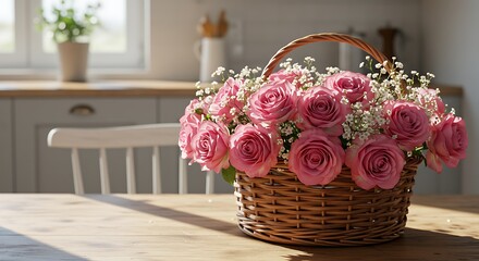Pink roses in wicker basket