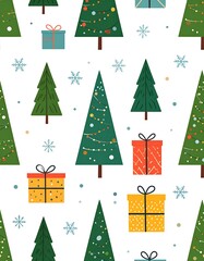 Festive seamless pattern of Christmas trees and gifts on white background