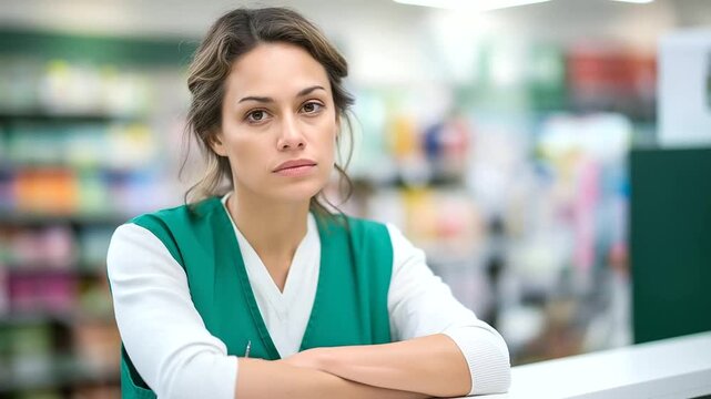 An unhappy female retail assistant standing behind a counter shoulders slightly slumped with a tired expression uniform neat but atmosphere subdued under fluorescent store