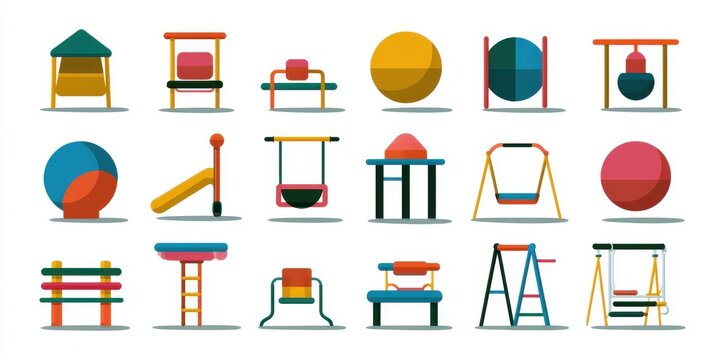 A set of colorful vector icons for creating an interactive playground plan, featuring various play structures - Powered by Adobe