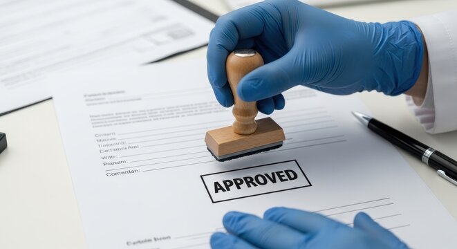 Doctor's Hand Stamping 'Approved' on Medical Document