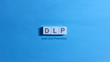 Data loss prevention concept shows vital business security with DLP acronym on a vibrant blue background