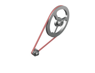 A 3D render of a mechanical belt and pulley system, featuring a large and small metal pulley connected by a red drive belt, isolated on a PNG Transparent HD Background. High resolution and detailed.