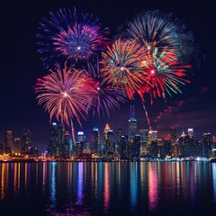 Vibrant Fireworks Exploding Over City Skyline at Night Reflected in Water