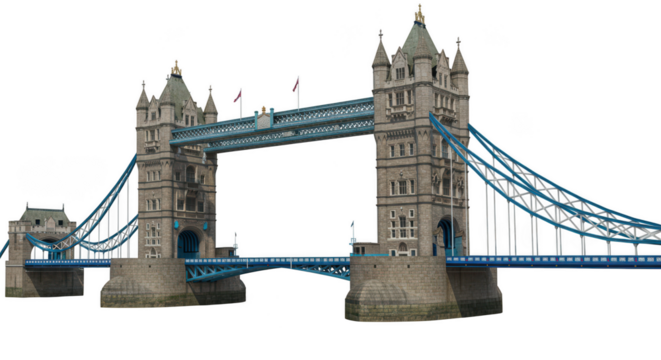 Iconic tower bridge london landmark illuminated at night isolated on transparent background