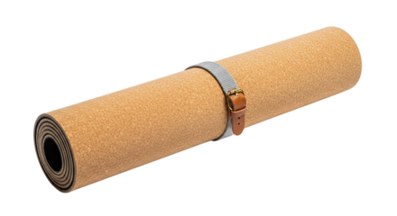 Rolled cork yoga mat isolated on transparent background, secured with a stylish strap, perfect for fitness and exercise, showcasing ecofriendly material
