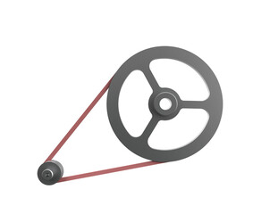 A 3D render of a mechanical belt and pulley system, featuring a large and small metal pulley connected by a red drive belt, isolated on a PNG Transparent HD Background. High resolution and detailed.