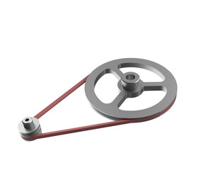 A 3D render of a mechanical belt and pulley system, featuring a large and small metal pulley connected by a red drive belt, isolated on a PNG Transparent HD Background. High resolution and detailed.