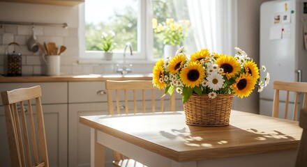 Sunflowers and daisies in kitchen