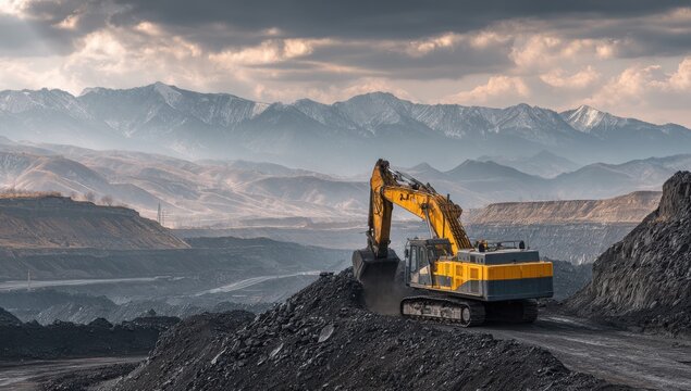 A yellow excavator is driving on the ground of an open coal mine - Powered by Adobe