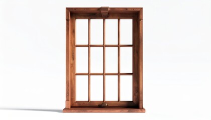 Obraz premium Detailed shot showcases a classic wooden window frame with multiple panes, set against a pristine white backdrop, highlighting natural wood tones and a clean, architectural aesthetic and design.