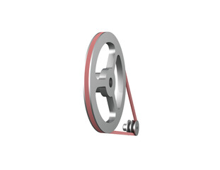 A 3D render of a mechanical belt and pulley system, featuring a large and small metal pulley connected by a red drive belt, isolated on a PNG Transparent HD Background. High resolution and detailed.