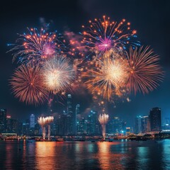 Fototapeta premium Vibrant Multicolored Fireworks Exploding Over City Skyline Reflected in Water at Night
