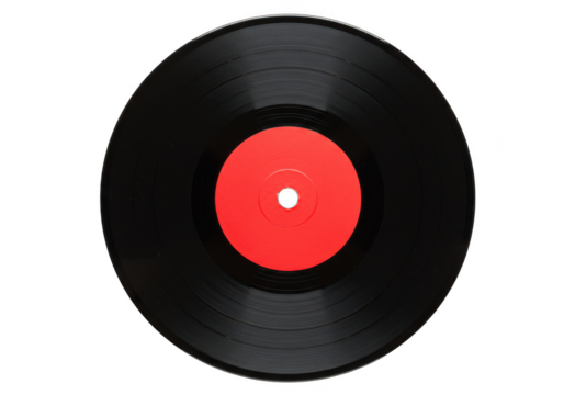Close-up view of a vintage vinyl record with red label isolated on transparent background