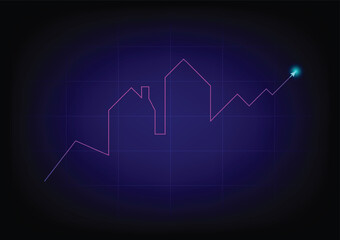Real estate investment concept. The glowing and neon light of the home with an upper arrow graph on a dark blue background. Property growth and profit for the future.