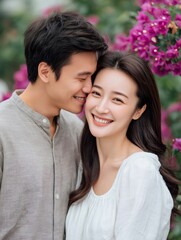 Fototapeta premium Asian couple sharing a loving moment outdoors smiling