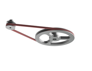 A 3D render of a mechanical belt and pulley system, featuring a large and small metal pulley connected by a red drive belt, isolated on a PNG Transparent HD Background. High resolution and detailed.