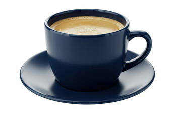 Obraz premium Dark blue coffee cup full of fresh espresso on saucer isolated on transparent background