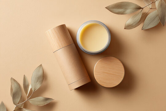 Natural balm in an open glass jar, a bamboo-capped solid cosmetic stick, and dried leaves presenting an eco-friendly concept for skincare on a neutral background