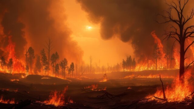 Terrifying wildfire engulfs forest with intense flames and thick smoke under a blazing orange sky