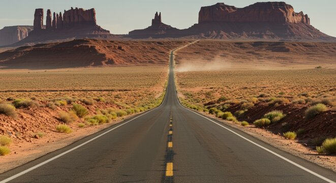 A long asphalt road leads through a desert landscape towards distant rock formations under a clear sky
