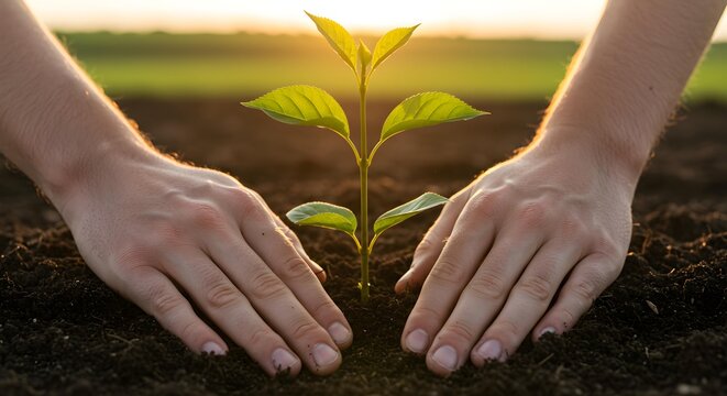A close-up 85mm detail shot of hands planting a young tree in fertile soil
