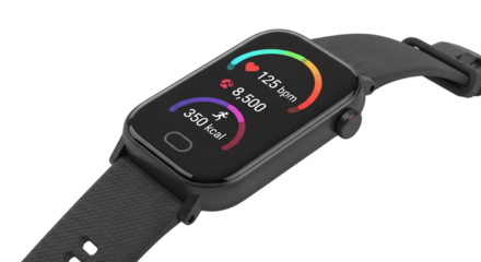 Smartwatch with fitness tracking app displaying heart rate, step count, and calorie burn isolated on transparent background for health and wellness monitoring